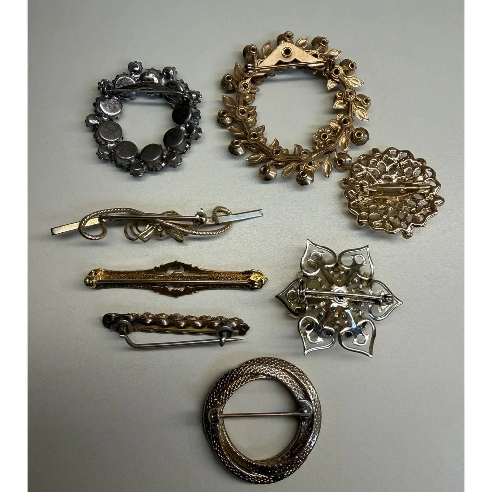 Vintage Brooch Pin Lot 8pc Rhinestone Floral AB Crystal Gold Silver Tone Estate